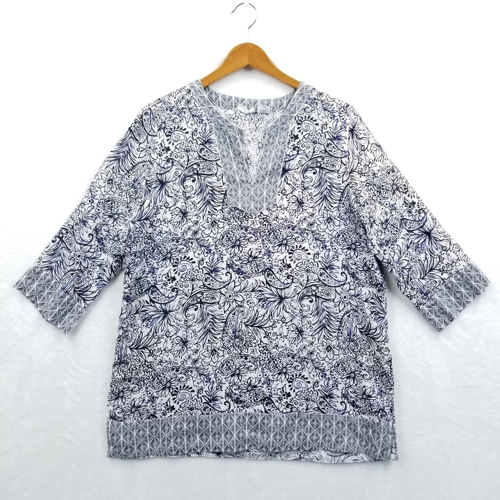 Sigrid Olsen Tunic Women L Blue White 100% Linen Floral Aztec‎ Cover Up Top